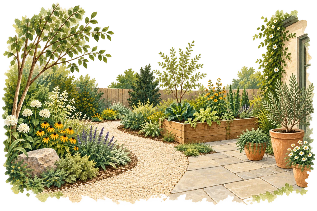 Painted garden with a winding gravel path, raised bed and terracotta pots.