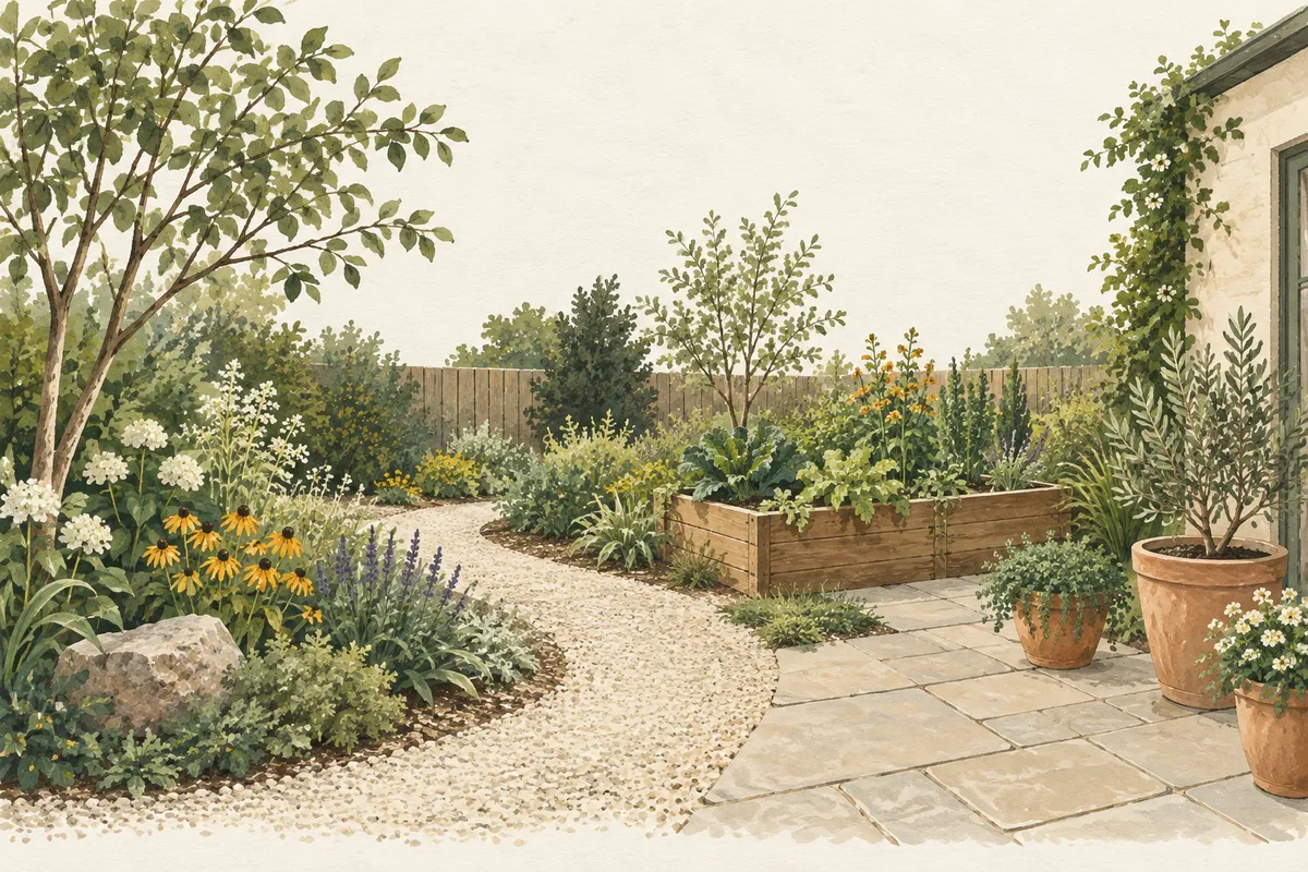 Painted garden illustration with a gravel path, raised planting bed, patio pavers and terracotta pots.