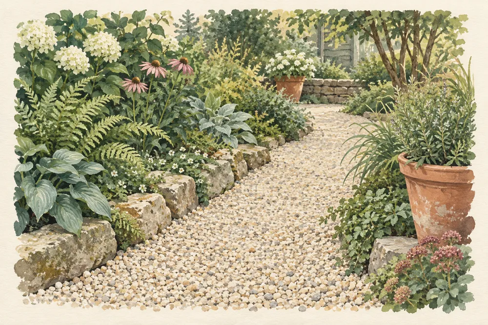 Gouache illustration of a pale gravel path curving between leafy garden borders.