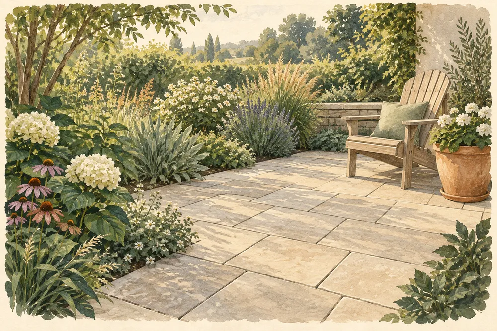Gouache illustration of a small rectangular-paver patio with a garden chair and planted borders.